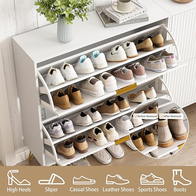 Shoe Storage Cabinet with 2 Flip Drawers, Fluted White Shoe Cabinet Storage for Entryway Slim, Narrow Shoe Organizer Cabinet, Modern Freestanding Shoe Rack for Entryway, White