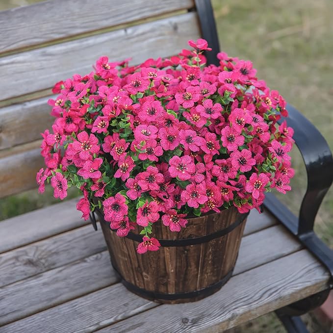 HyeFlora Artificial Flowers for Outdoor Indoor Garden Home Decoration, Faux Flower Daisy with Eucalyptus Leaves Fake Plants Greenery Boxwood Porch Patio, 12 Bundles (Rose Red)