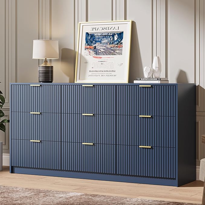 Navy 9 Drawer Dresser for Bedroom, 63" Wide Modern Fluted Dresser with Gold Metal Handles, Chest of Drawers for Bedroom, Living Room, Entryway, Hallway