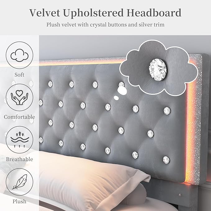 Full Led Bed Frame with 2 Drawers, Upholstered Platform Storage Bed Frames Full Size with Crystal Button Tufted Headboard Footboard, Solid Slats, Noise Free, No Box Spring Needed, Velvet Grey