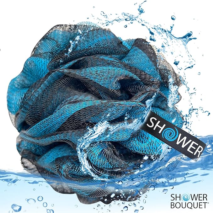 SHOWER BOUQUET Loofah-Charcoal Bath-Sponge XL-4-Pack-Blue-Green // Extra Large 75g Soft Mesh Color & Black Lufa Loofa Loufa Puff Set/Exfoliating Body Scrubber for Women and Men - Exfoliate & Soothe