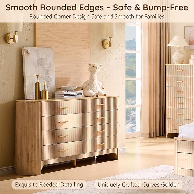 Fluted 8 Drawer Dresser for Bedroom with Curved Profile, Reeded Front Panels, 53.9” Wide Chest of Drawers Storage Cabinet with Smooth-Glide Drawers for Living Room, Light Oak