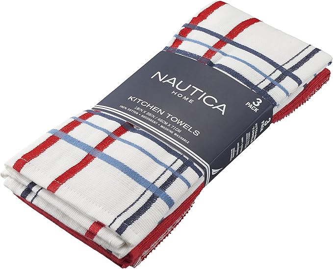 Nautica 100% Cotton Kitchen Towels Set of 3 | 18" X 28" Super Absorbent Reusable Cleaning Cloths, Tea Towels, Hand Towels for Drying Dishes | Red/White Plaid Dish Towels for Kitchen Shops & Bars