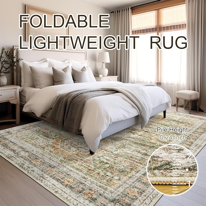 5x7 Area Rugs Green Orange Low Pile Indoor Washable Trendy Faded Style Rugs for Bedroom Living Room Dining Room Foldable Non-Slip Thin Print Mat