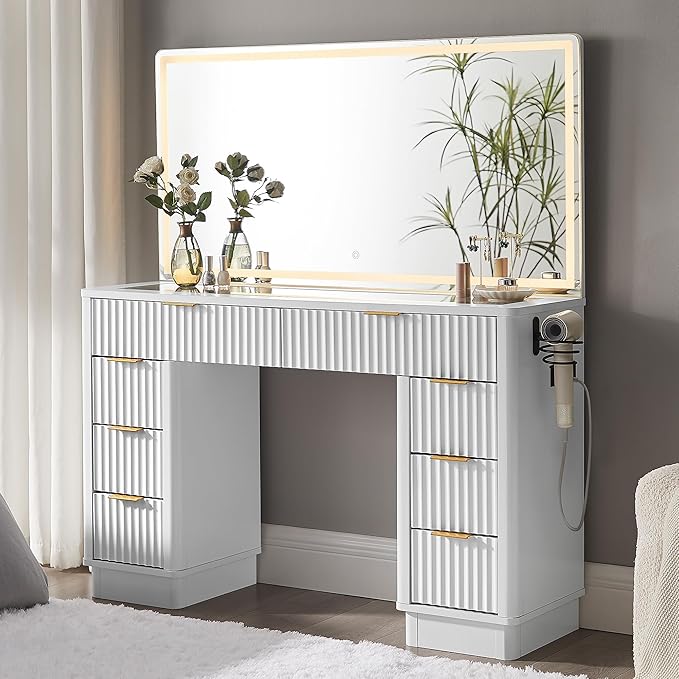 T4TREAM 48" Fluted Makeup Vanity Desk with Large Led Lighted Mirror, Modern Vanity Table with 8 Drawers & Charging Station, Glass Top Dressing Table for Bedroom, White