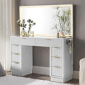 T4TREAM 48" Fluted Makeup Vanity Desk with Large Led Lighted Mirror, Modern Vanity Table with 8 Drawers & Charging Station, Glass Top Dressing Table for Bedroom, White