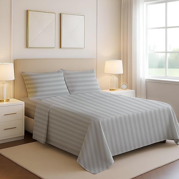 Mayfair Linen 100% Egyptian Cotton Sheets King Size - 1200 Thread Count King Size Sheets Set Egyptian Cotton, 4 PC Damask Luxury Bedsheet, Soft Cooling, 17" Deep Pocket Sateen Weave - Silver Stripe
