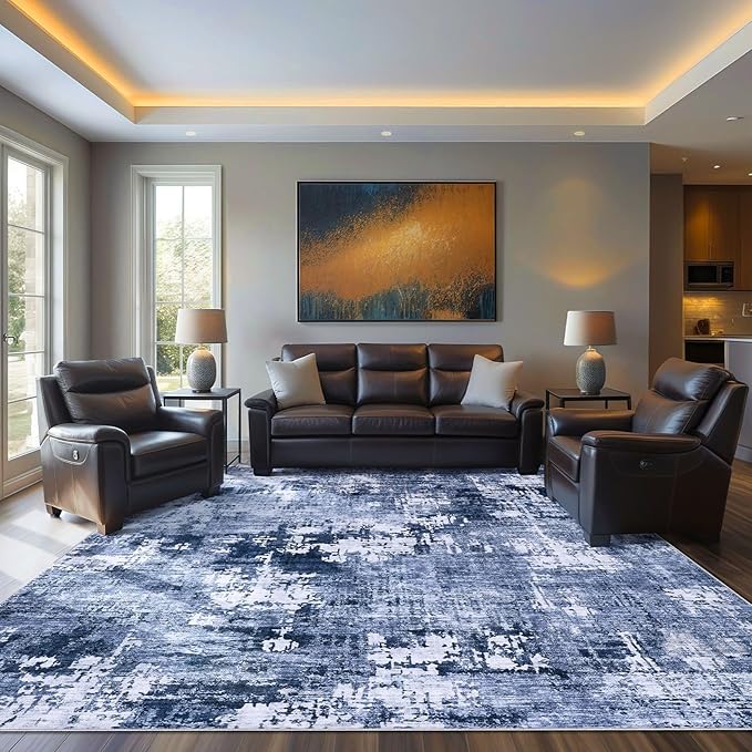 Area Rug Living Room Rugs - 7x9 Washable Large Soft Indoor Neutral Modern Abstract Low Pile Rug Carpet for Bedroom Dining Room Farmhouse Home Office - Navy Blue