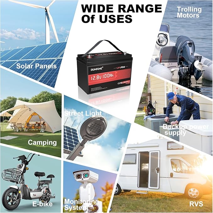 12V 100Ah LiFePO4 Lithium Battery, Built-in 100A BMS, 1280Wh, Up To 6000+ Cycles, Ideal For RV, Marine, Trolling Motor, Solar Off-Grid Systems