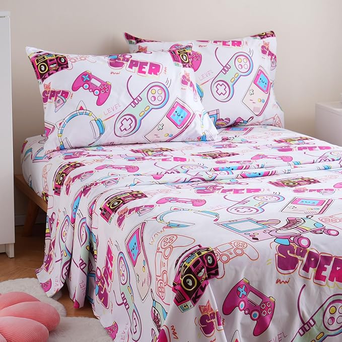 JSD Gaming Kids Sheet Set Full Size, 4 Piece Soft Girls Gamer Printed Microfiber Bed Sheets Deep Pocket
