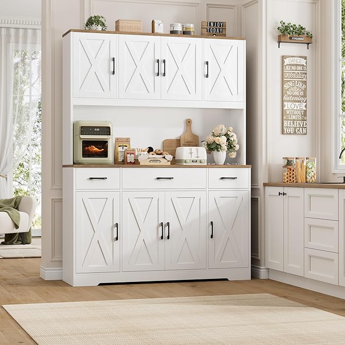 HOSTACK 71" Tall Pantry Cabinet with Charging Station, 55" Wide Kitchen Pantry Storage Cabinet with Countertop, Large Kitchen Hutch with Storage Drawers and Doors for Dining Room, Living Room, White