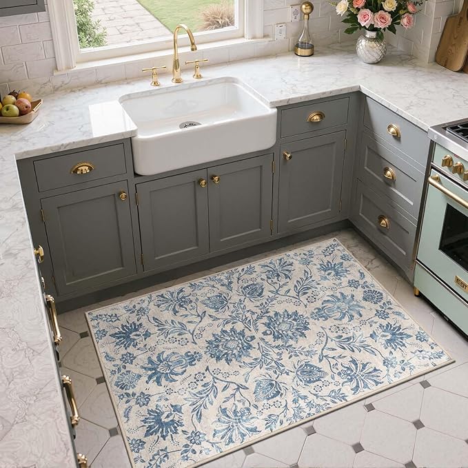 jinchan Torino 3x5 Area Rugs for Entryway, Vintage-Inspired Floral Design Machine Washable Non-Slip Low-Pile Rug, Ultra-Thin Indoor Traditional Accent Carpet for Entrance Bedroom Hallway, Dark Blue