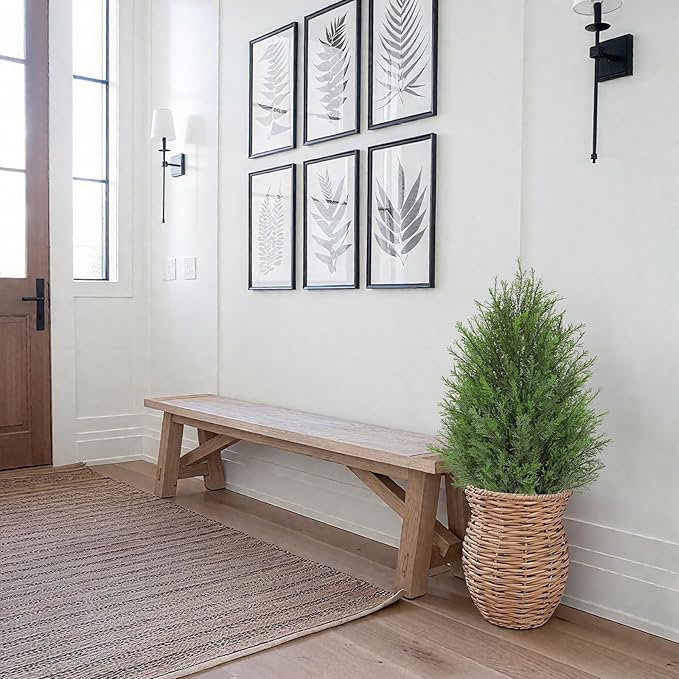 Briful 27” Artificial Cedar Topiary Tree in White Planter, 2PCS – Realistic Faux Evergreen Faux Floor Plant with Layered Leaves, Decorative Indoor Outdoor Potted Shrub for Home, Office, Patio, Porch