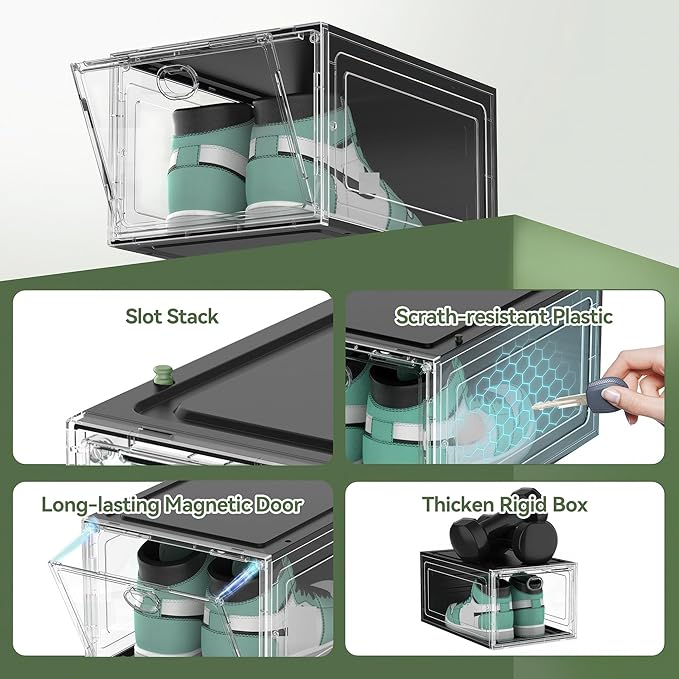 Thicken Hard Clear Shoe Storage Organizer for Closet, 10 Pack Modular Plastic Stackable Shoe Storage Box Organizer, Shoe Sneaker Rack Display Case Containers Bins with Lids, Black Clear