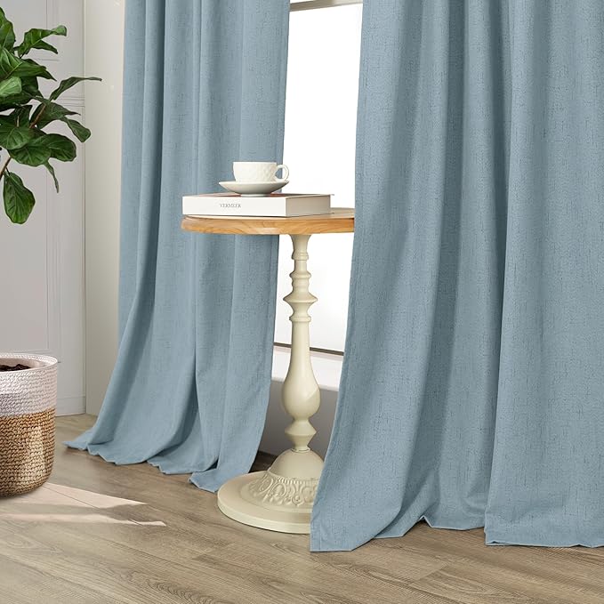 Slate Stone Blue Linen Blackout Curtains 90 Inch Long 2 Panels for Boys Bedroom Kids Back Tab Rod Pocket Pleated Thermal Insulated Energy Efficiency Full Shading Panels for Living Room 52 Inch Wide