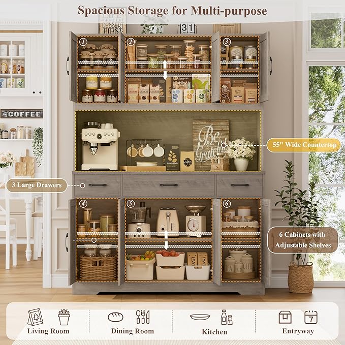 HOSTACK 71" Tall Kitchen Pantry Storage Cabinet with Charging Station, 55" Wide Kitchen Hutch Cabinet with Large Countertop, Farmhouse Food Pantry with Drawers for Living Room (Ash Grey)