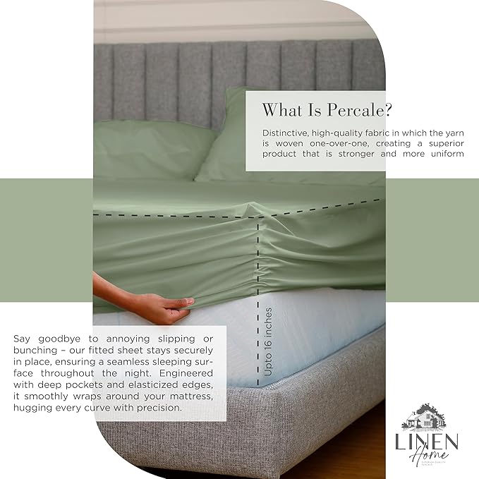 Linen Home 100% Cotton Percale Sheets Full Size, Oil Green, Deep Pocket, 4 Pieces Set - 1 Flat, 1 Deep Pocket Fitted Sheet and 2 Pillowcases, Crisp Cool and Strong Bed Linen