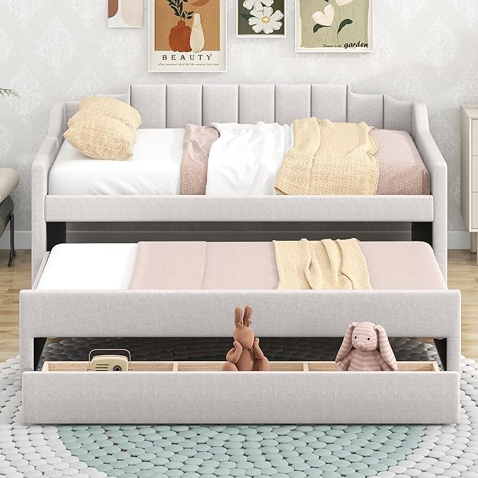 Favfurish Twin Size Upholstered Daybed with Trundle and 3 Lower Drawers,Linen Sofa Bed for Apartment Living Room Guest Room,Solid Wood Day Bed Frame,No Box Spring Needed,Beige