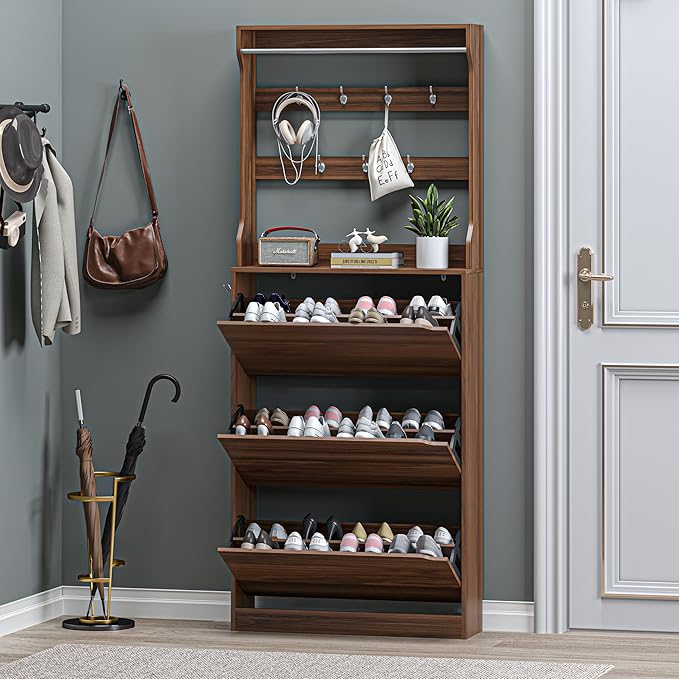 Shoe Cabinet with 3 Flip Drawers & Coat Rack, Narrow Hidden Shoe Storage Cabinet, 2-in-1 Hall Tree Slim Freestanding Shoe Rack Organizer for Entryway, Hallway, and Living Room