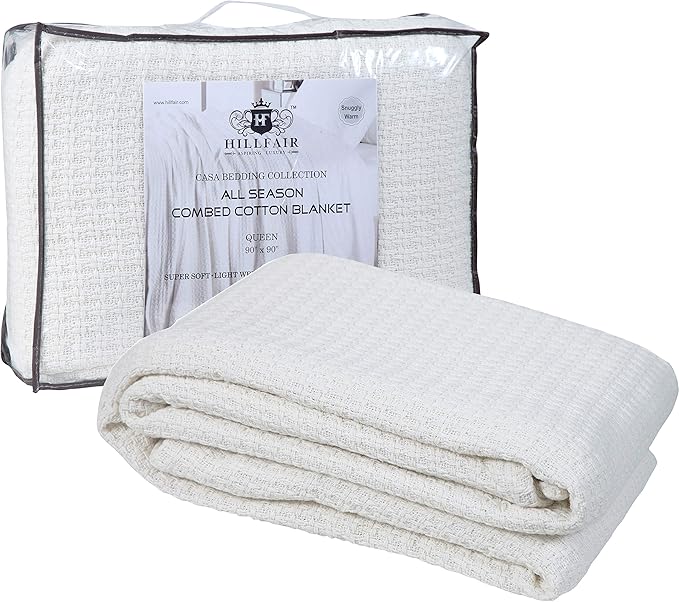 HILLFAIR 100% Combed Cotton Blanket– Queen Bed Blanket– Soft Cozy Warm Multipurpose Throws for Luxury Home Decor– 90 x 90 inch Queen Size Cotton Blankets for Beds- Bed Blankets for All Season- Ivory
