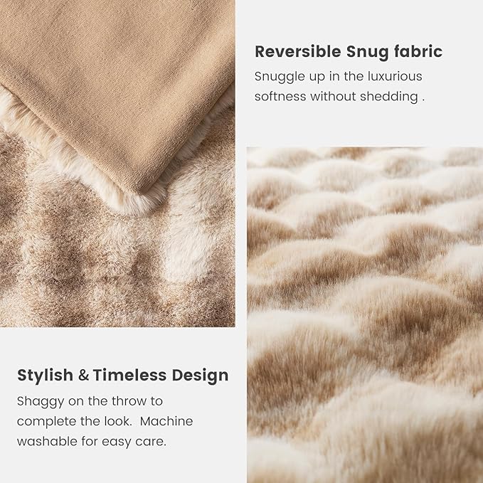 Cozy Bliss Faux Fur Throw Blanket King Size, Fuzzy Soft Plush Thick Bubble Blanket for Bed Couch Bedroom Living Room, 108x90 Inches Tie-dye Beige
