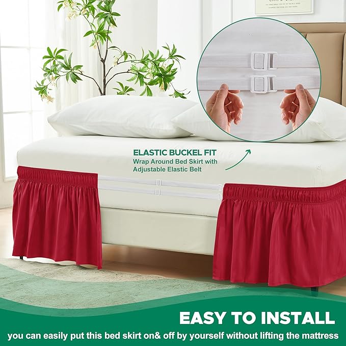 Biscaynebay Wrap Around Bed Skirts for King & Cal King Beds 18" Drop, Red Adjustable Elastic Dust Ruffles Easy Fit Wrinkle Resistant Silky Luxurious Fabric Machine Washable