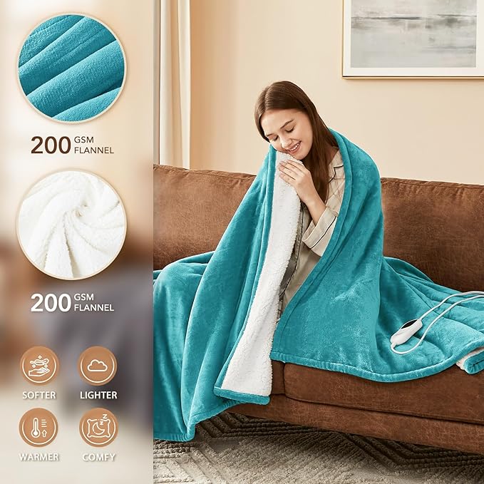 Homemate Electric Heated Blanket Twin Size - 62"x84" Heating Blanket Twin Size 1/2/4/6/8 Hours Auto-Off 10 Heat Level Over-Heat Protection Flannel Sherpa ETL Certification