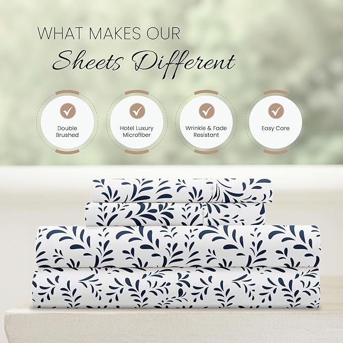Linen Market 4 Piece King Sheet Set - Breathable, Double-Brushed Patterned Cooling Sheets – Oeko-TEX Certified Ultra Soft & Wrinkle-Free 16" Deep-Pocket King Sheets - Easy Care Burst of Vines Navy