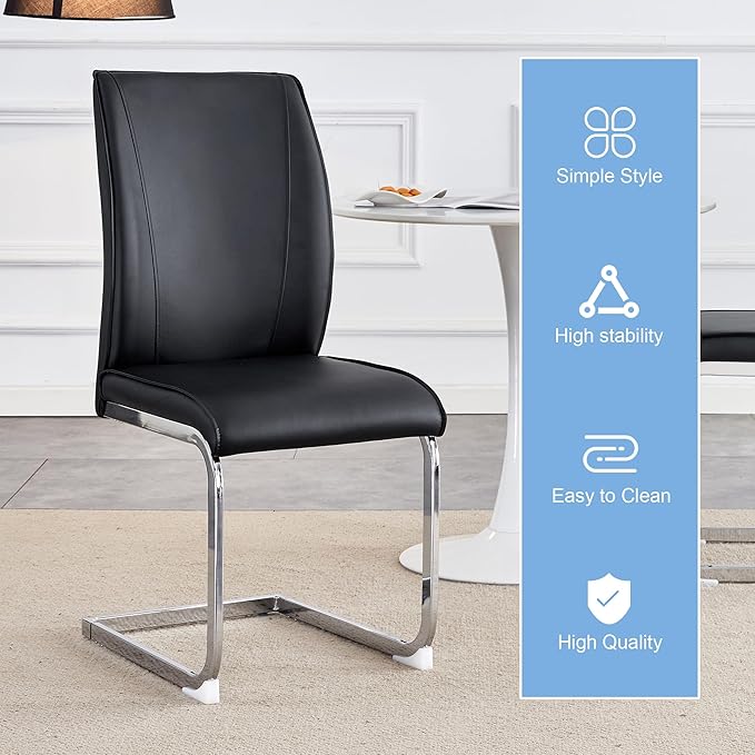 Dining Chairs Set of 4,Black Faux Leather Dining Chairs,Upholstered Kitchen Chairs with High Back,Modern Armless Side Chairs with Sturdy Chrome Plated Metal Legs for Living Room