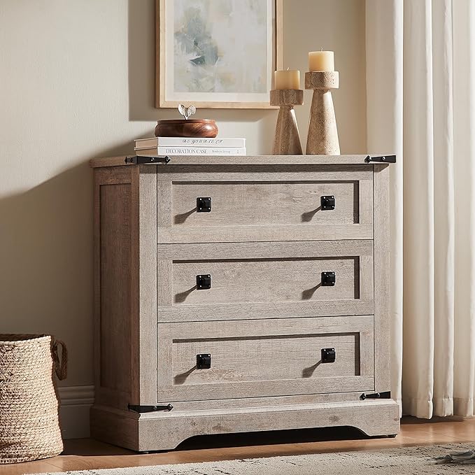 T4TREAM 32" Farmhouse Nightstand with Charging Station Set of 2, Large End Table with 3 Storage Drawers, Rustic Wood Bedside Table for Bedroom, Living Room, Light Rustic Oak