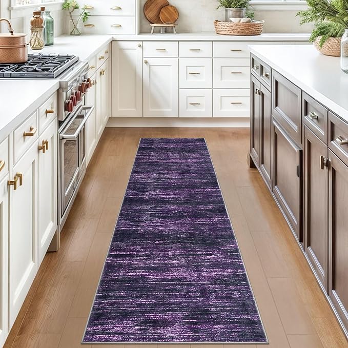 2x7 Modern Abstract Runner Rug for Hallways, Purple White Super Soft Hallway Decor Kitchen Rugs with Non-Slip, Non-Shedding Washable Rug for Hallways Entryway Bedroom Indoor