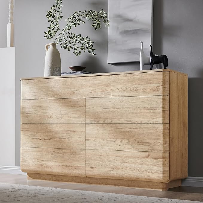 ACCOHOHO Modern 9 Drawer Dresser for Bedroom, 52" Wide Wooden Dressers with Large Storage,Handleless Chest of Drawers TV Stand for Living Room & Hallway, Curved Profile Design,Natural Oak