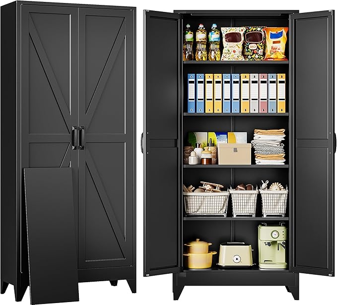 SISESOL 75" Tall Pantry Cabinet,Farmhouse Kitchen Pantry Storage Cabinets with 2 Doors and 4 Shelves,Black Metal Storage Cabinet,Large Cupboard for Home,Kitchen,Dining/Living Room