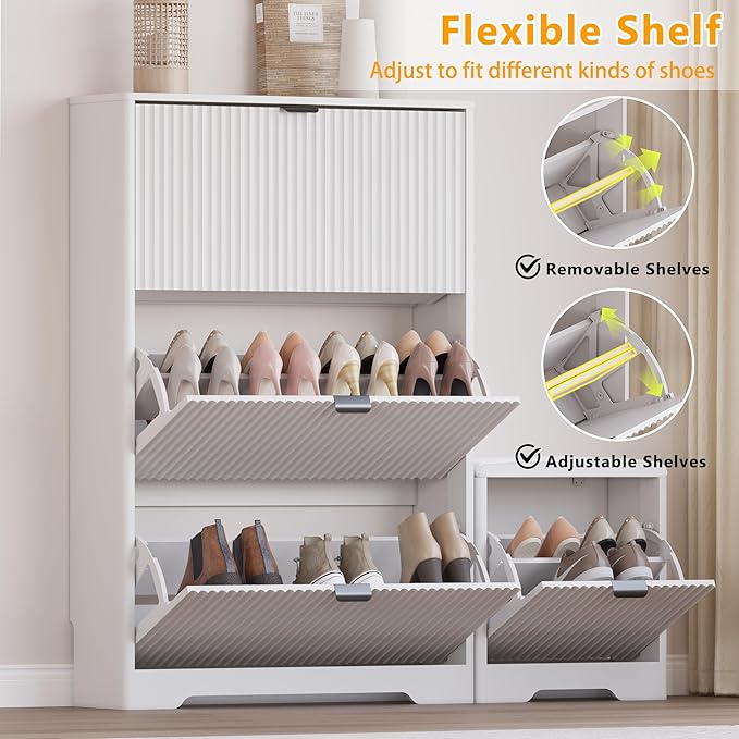 Slim Shoe Cabinet with Bench for Entryway, Hidden Storage and Adjustable Shelves, Free Standing Wooden Shoes Organizer for Foyer, Hallway