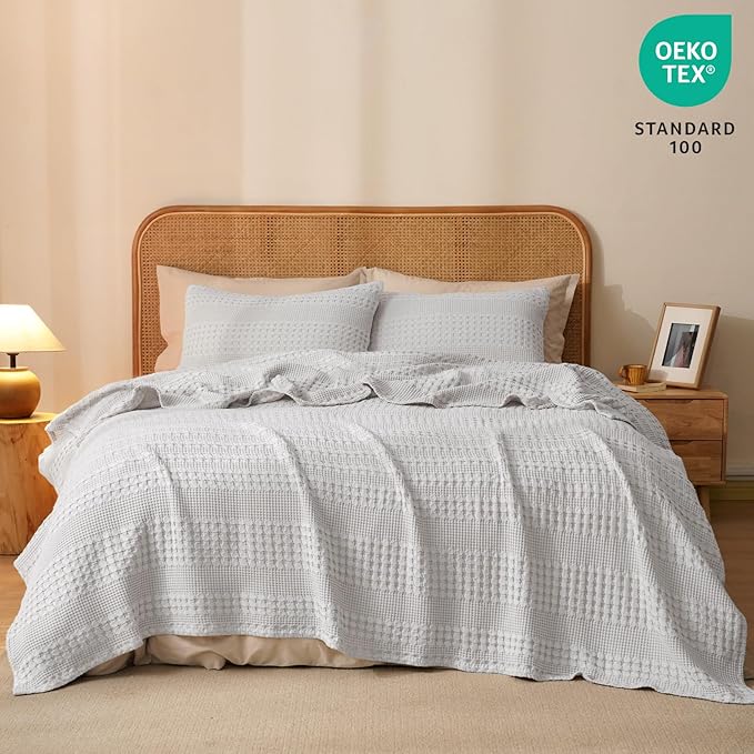 PHF 100% Cotton Waffle Weave Blanket Queen Size for Bed, Soft Lightweight & Breathable, All-Season Comfort, Luxury Aesthetic Woven Bedding for Home Decor, 90"x90", Light Grey