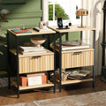 VINGLI Nightstands Set of 2 Fluted Nightstand with Charging Station, Oak Night Stand Set 2 Bed Side Tables, End Tales Bedroom with Charger Station and Fabric Drawer, 14.96" W*11.81" D*23.7" H