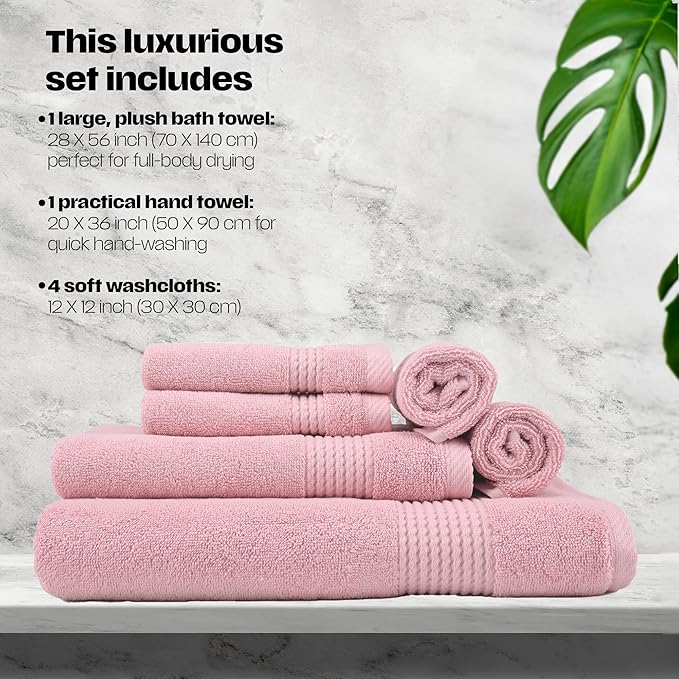 East'N Blue Lara Premium Bath Towel Set 6 Piece - Soft & Highly Absorbent Bathroom Towel Set, 100% Luxury Turkish Cotton, Flannel Bath Towels, 1 Bath Towel, 1 Hand Towel, 4 Washcloths - Rose