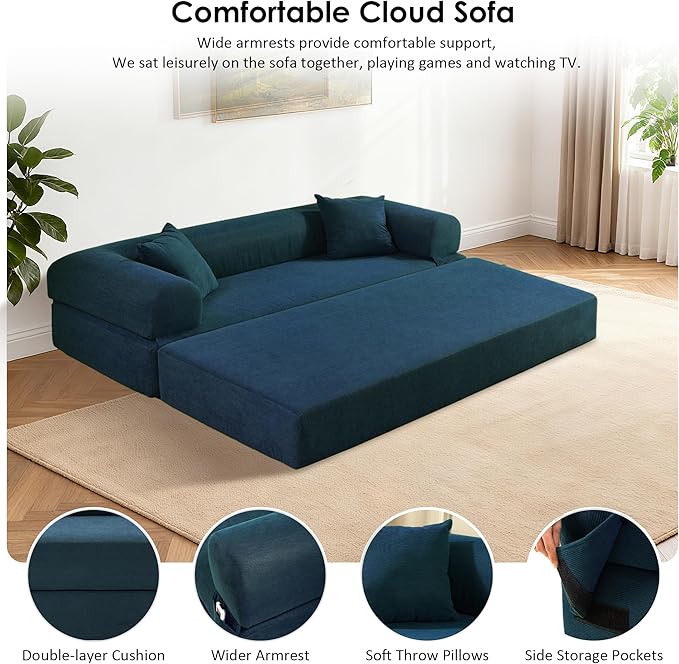 80" Convertible Sofa Bed, 3-in-1 Corduroy Folding Pull Out Couch with Pillows, No Assembly Modern Boneless Couch Compression Sofa in Box, Floor Sofa with Side Storage Pocket for Living Room,Dark Blue