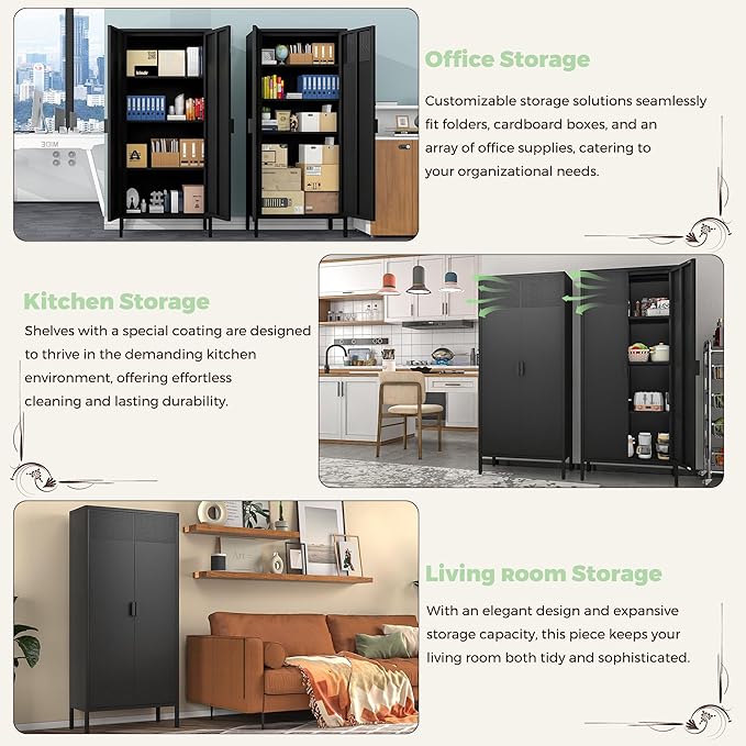COFaR 4 Tier Black Metal Storage Cabinet, Free Standing with 2 Doors, 3 Adjustable Shelves and Legs, Cupboard Metal Cabinet for Living Room, Kitchen, Dining Room, Office