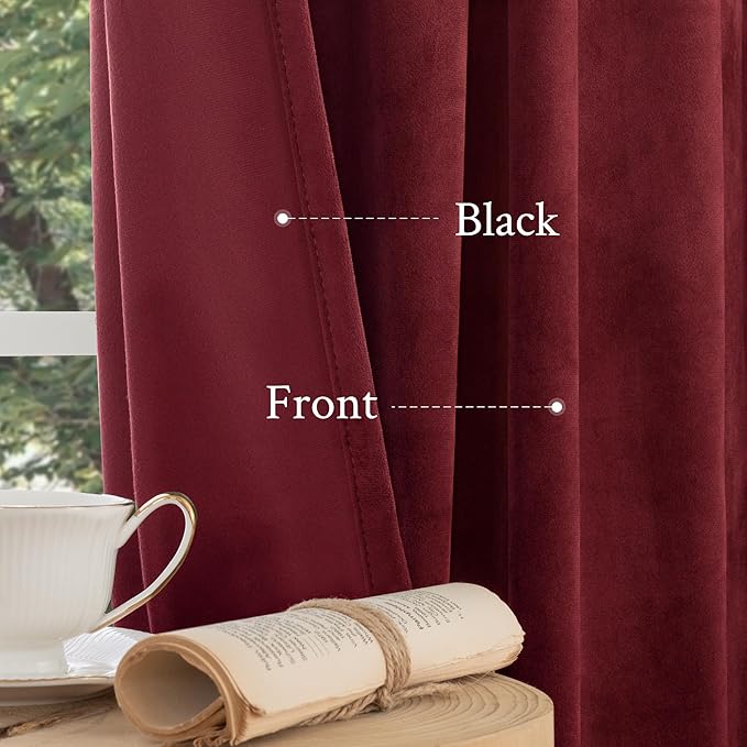 LAMIT Burgundy Red Velvet Curtains 108 Inch for Living Room, Vintage Thermal Insulated Theater Panels Room Darkening Back Tab and Rod Pocket Christmas Drapes for Bedroom, 2 Panels, 52 x 108 Inch