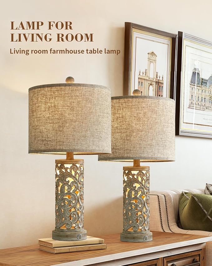 OYEARS Bedside Table Lamps Set of 2 with USB & Night Light, 22'' Dimmable Touch Lamps for Nightstand, Farmhouse Lamps for Bedroom Living Room Home Offce (Bulb Included)