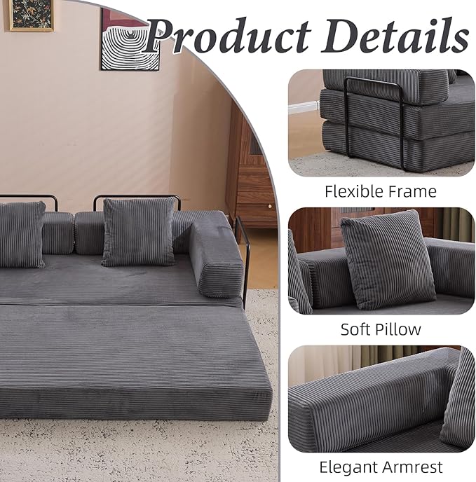 4-in-1 Convertible Folding Sleeper Sofa Bed, Fold Out Floor Sofa Couch with Fixed-Shape Frame, Cloud Corduroy Foldable Mattress Couch for Living Room Bedroom (77" Corduroy, Dark Grey)