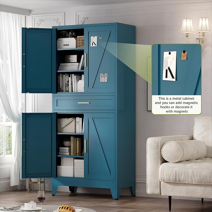 COFaR Farmhouse Storage Kitchen Pantry Cabinet with 4 Barn Door, 4 Adjustable Shelves, Drawer and Legs, for Cupboard/Dining Room/Bathroom/Living Room/Office/Laundry Room(Blue Green, 71" Metal Cabinet)