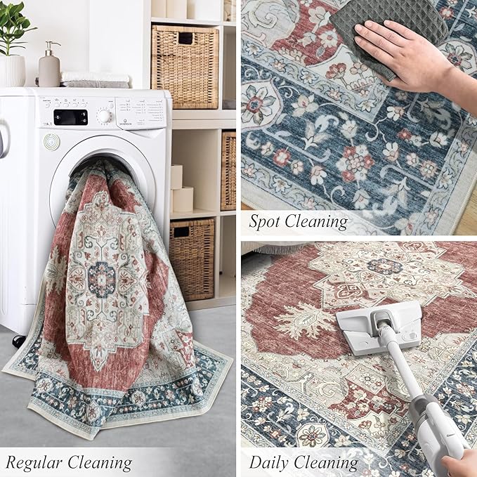 9X12 Washable Vintage Area Rug Boho Chic Medallion Distressed Design Non-Shedding Easy Care Ideal for High Traffic Areas in Living Room Bedroom Office Large Carpet (Brick/Beige, 9x12)
