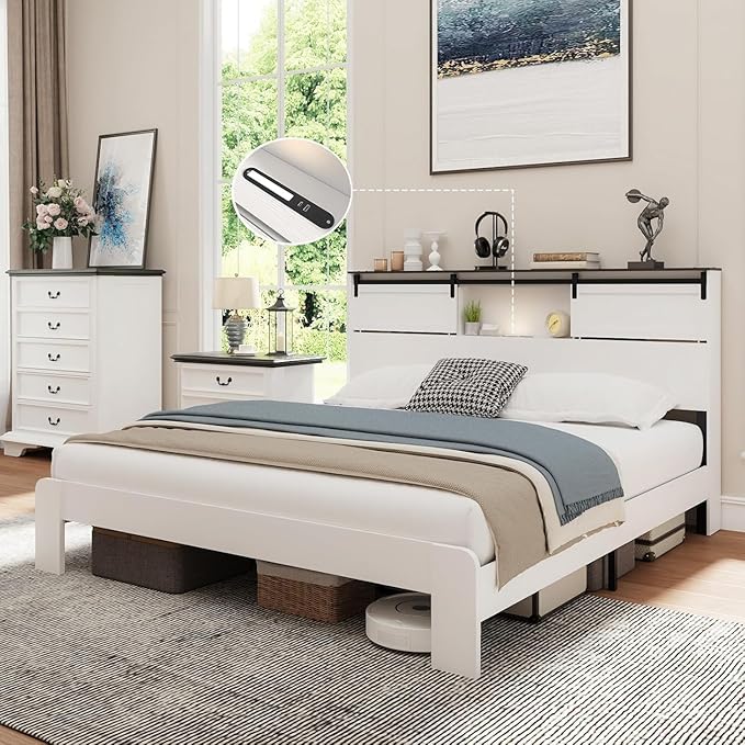 King Wood Bed Frame, Sliding Barn Door Storage Headboard with LED Lights and Charging Station, Farmhouse Wood Platform Bed with Metal Slat Supports, No Box Spring Required, Noiseless, White
