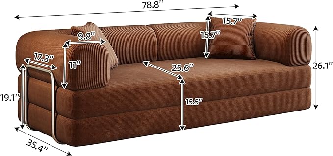 79" Convertible Sofa Bed with Fixed-Shape Frame, Corduroy Folding Pull Out Couch, No Assembly Modern Boneless Couch Compression Sofa in Box, Floor Sofa for Living Room,Brown