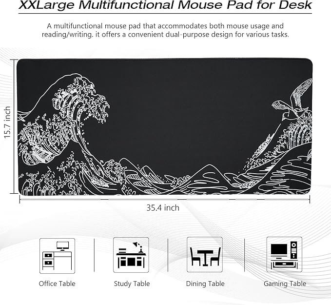 Large Gaming Mouse Pad for Desk,Kanagawa XXL Mouse Pad 35.4x15.7 Inch,Waterproof Desk Pad,Non-Slip Rubber Base Mice Pad,Keyboard Pad Computer Mat,Black Mouse pad