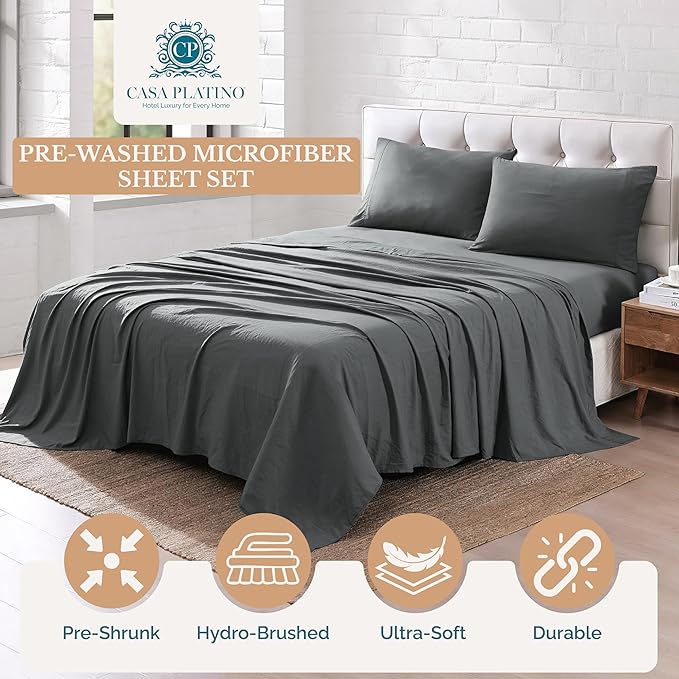 Casa Platino Luxury Bed Sheet Set – Ultra-Soft, Pre-Washed, Cozy and Breathable, 100% Brushed Premium Microfiber with Deep Pockets for a Secure Fit – Twin, Charcoal