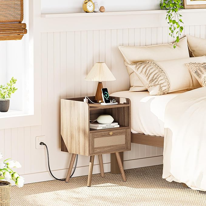 SUPERJARE Nightstand with Charging Station & Rattan-Like Decor Drawer, Rattan End Table with Solid Wood Feet, Bed Side Table with Open Storage, for Bedroom, Living Room, Dormitory, Walnut