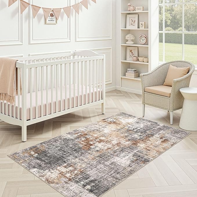 Washable Area Rug: 3x5 ft Abstract Small Rugs for Entryway Kitchen Living Room Bedroom - Non Slip Modern Neutral Carpet Indoor Front Door - Grey Brown